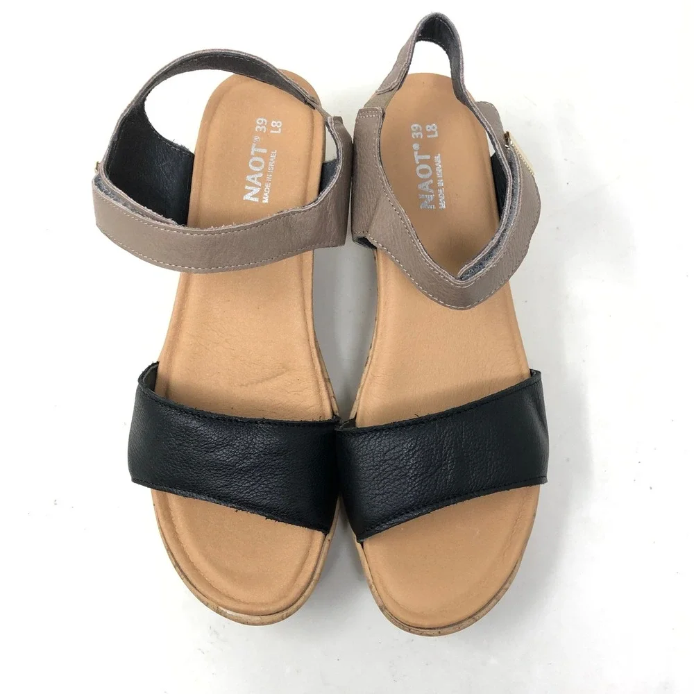 Naot‎ Womens 39 Wedge Sandals Black Taupe Leather Cork Platform Heel US Size 8